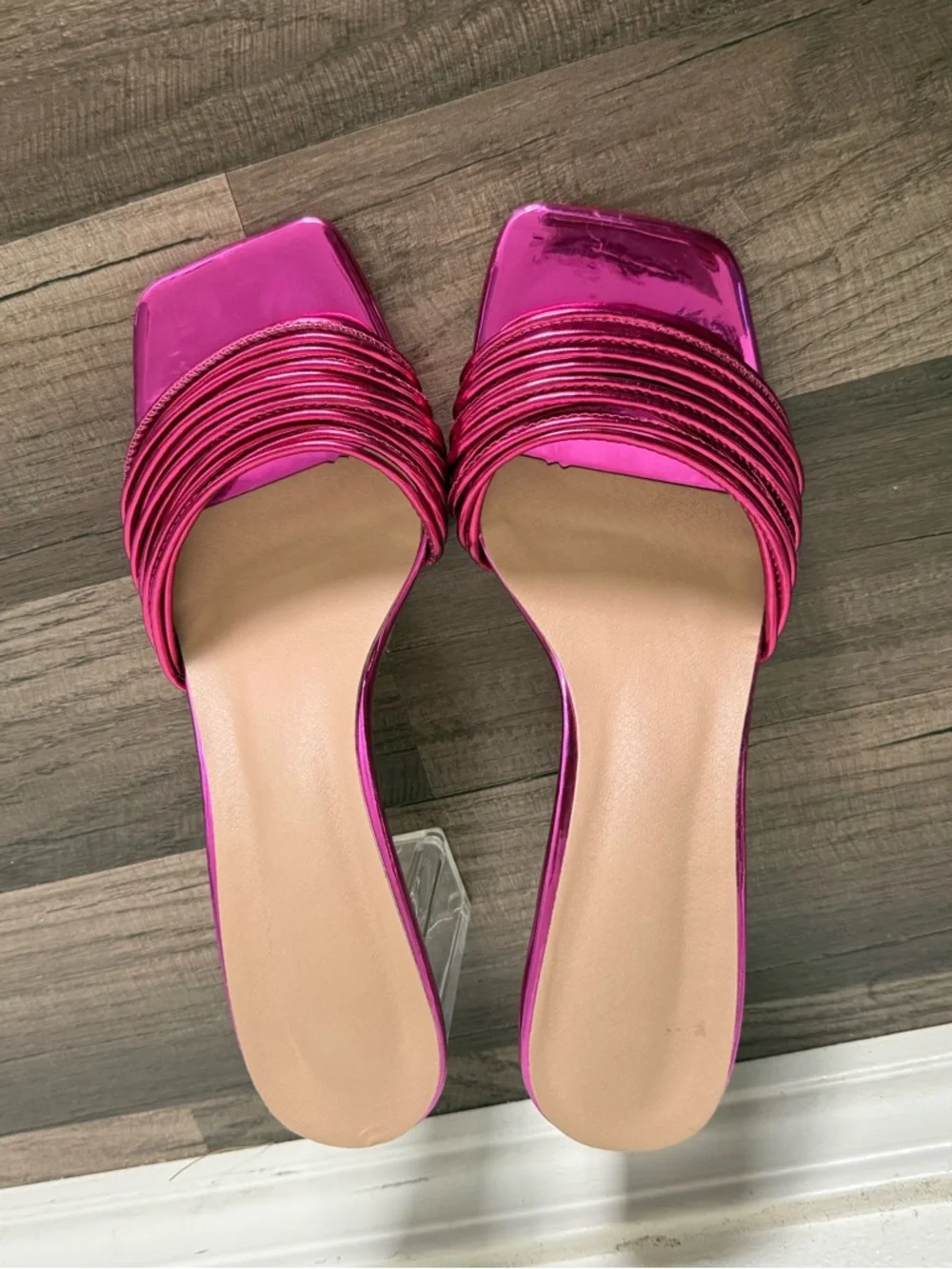 SHEIN Metallic Hot Pink Ruched Square-Toe Slide Mules - Picture 2 of 11